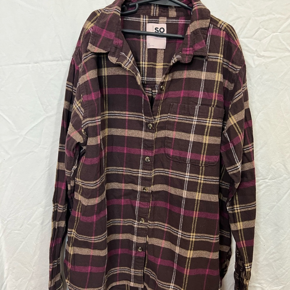 SO Goods for Life Women Pink & Brown Plaid Button-Up Shirt, Size Small